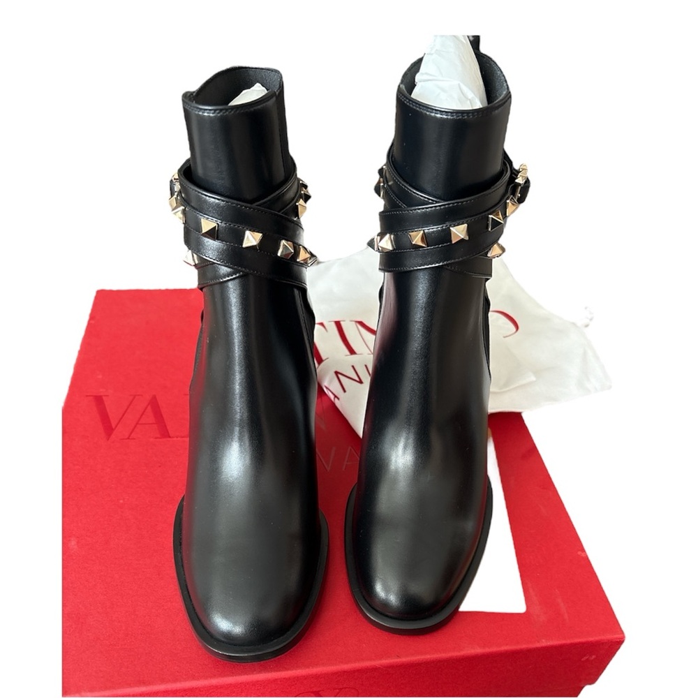 Valentino Rockstud Straps Block Heel Black Leather Ankle Booties Size 36 NWT - Picture 5 of 10